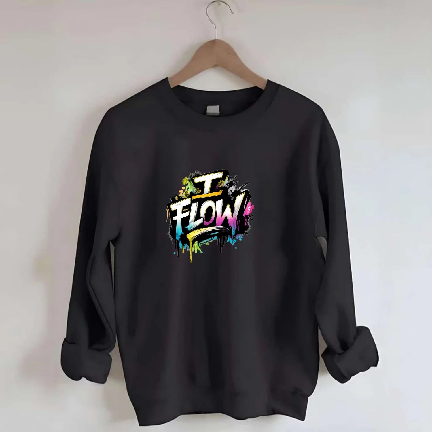 Bold typography design - "I FLOW" - going with life, easy movement - Crewneck Sweatshirt - black