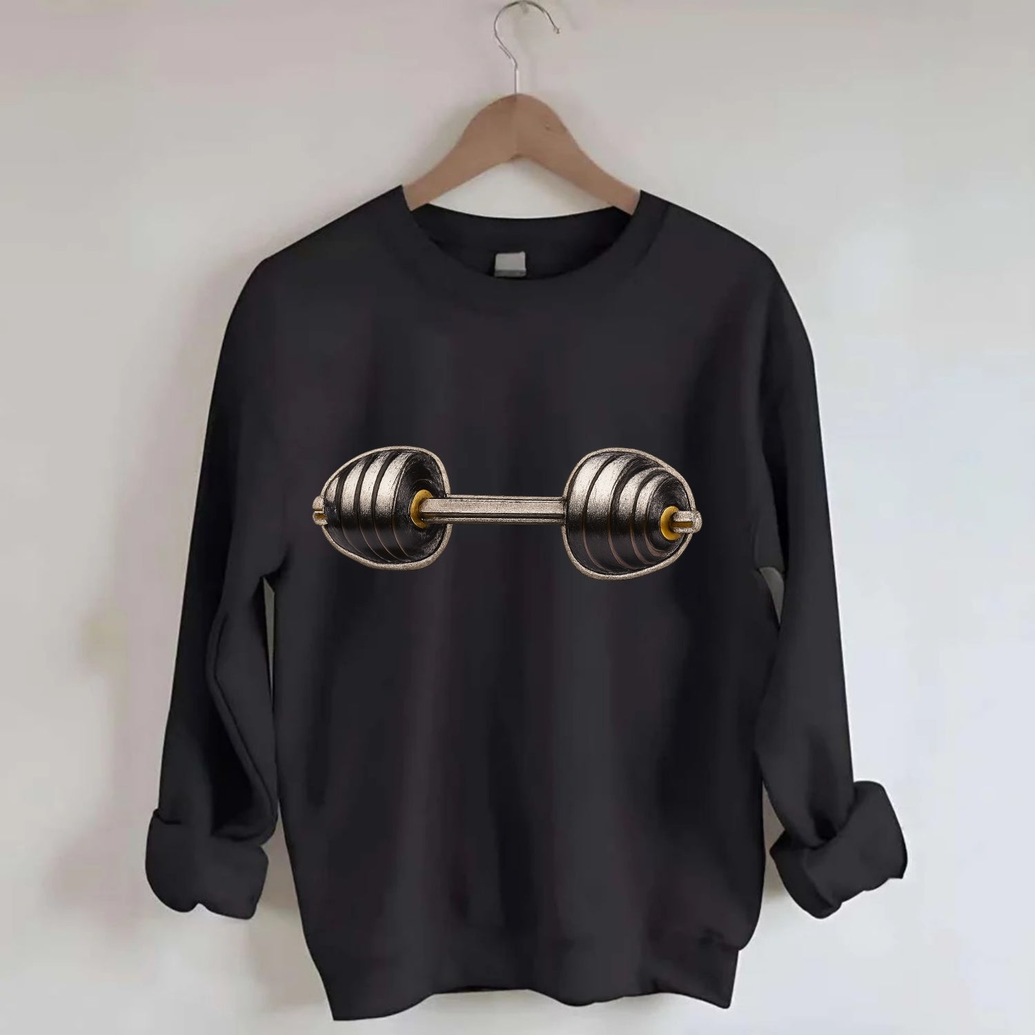 WEIGHTLIFTING BARBELL - heavy barbell with plates in silver and black , iron - Crewneck Sweatshirt - black