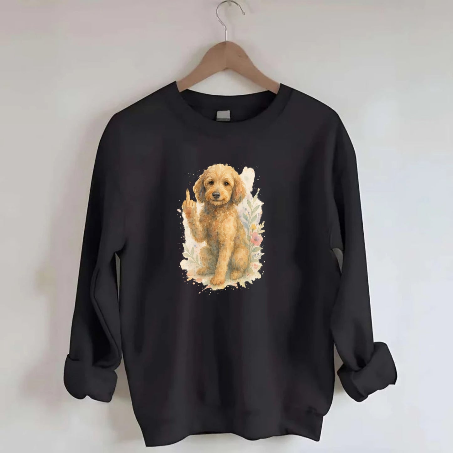 Labradoodle hypoallergenic with wavy coat, intelligent eyes, paw raised - Crewneck Sweatshirt - black