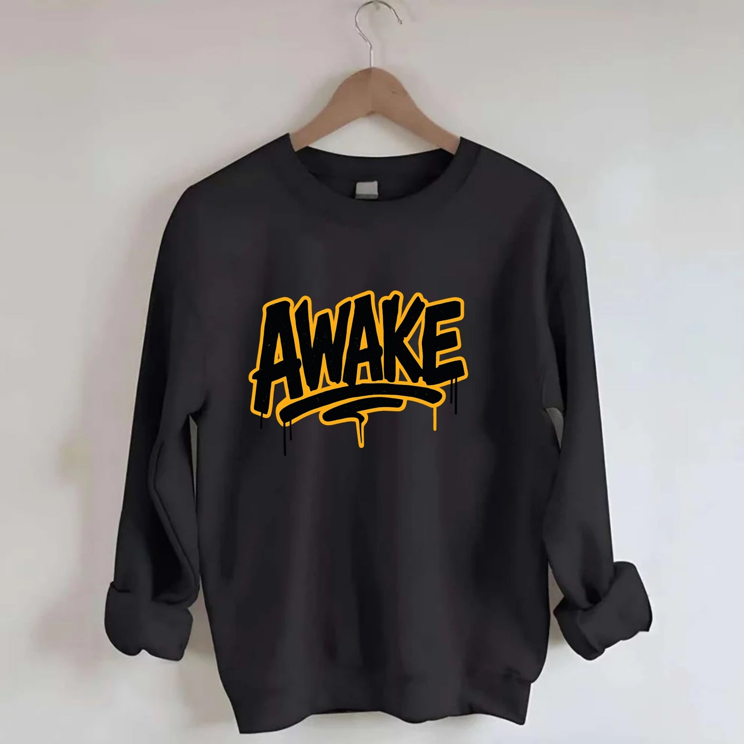 Bold typography design - "AWAKE" - conscious, aware, alert - Crewneck Sweatshirt - black