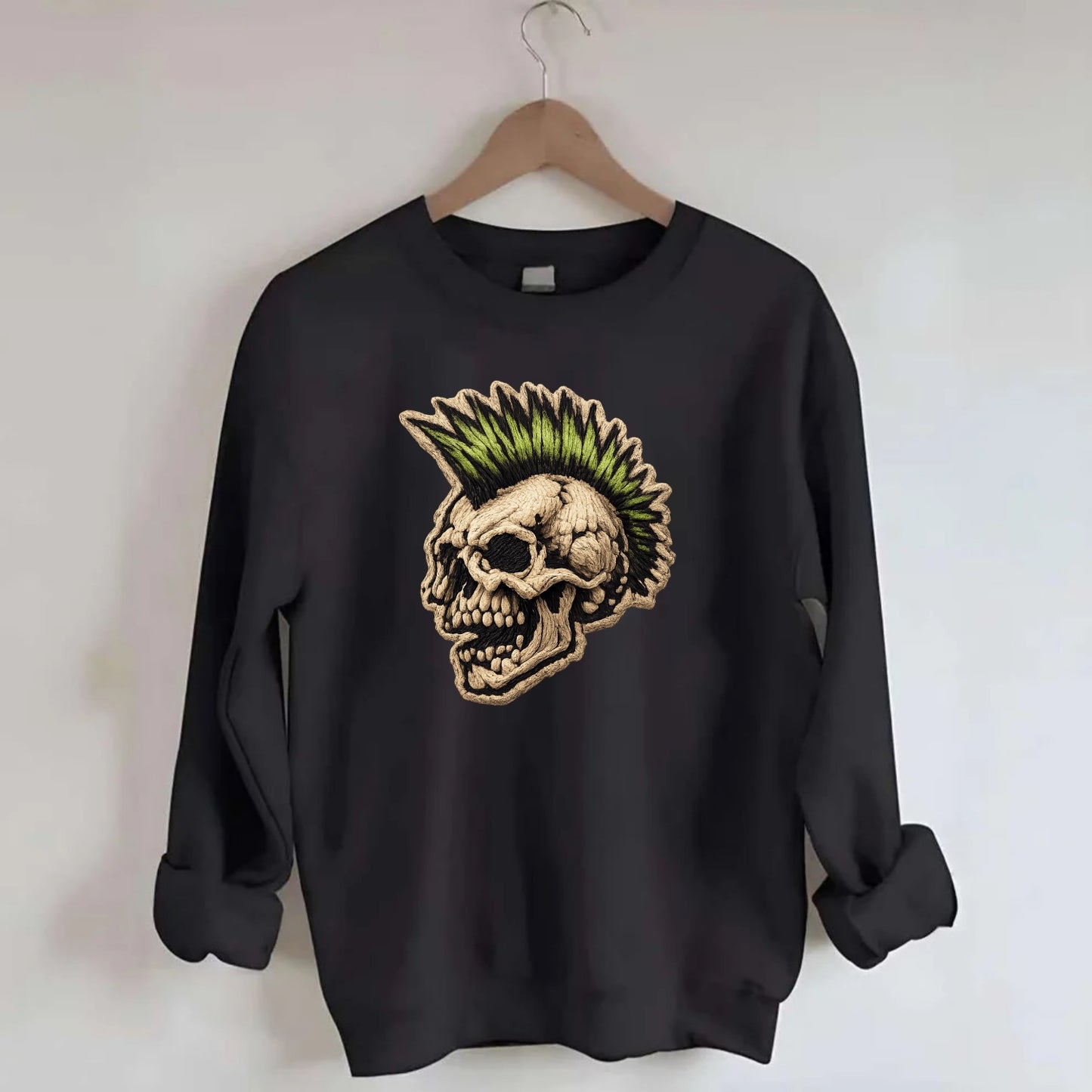 MOHAWK SKULL - punk skull with mohawk in neon green and black , punk rock - Crewneck Sweatshirt - black