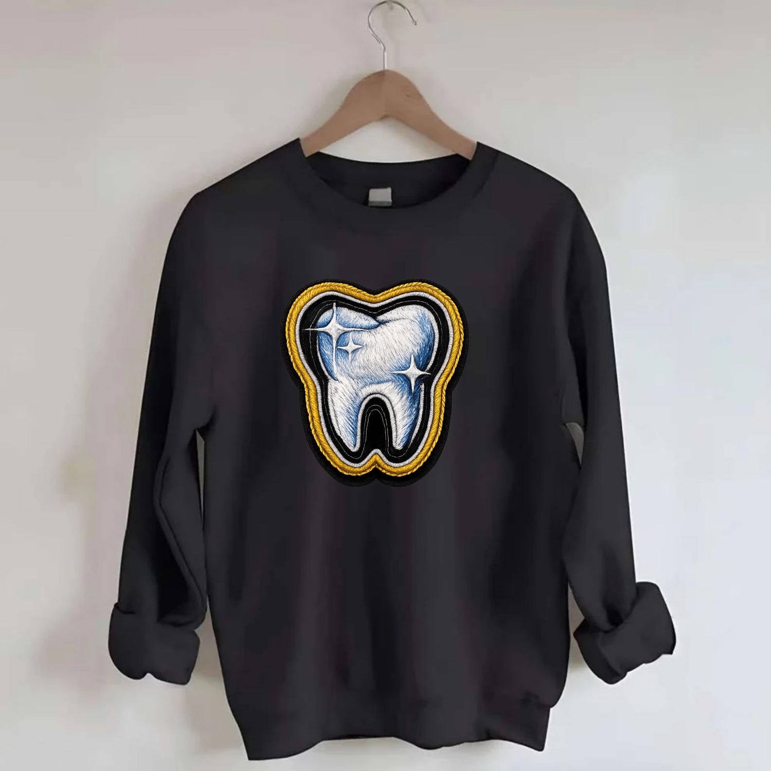 DENTAL TOOTH - molar with sparkle in white and blue , dentist - Crewneck Sweatshirt - black