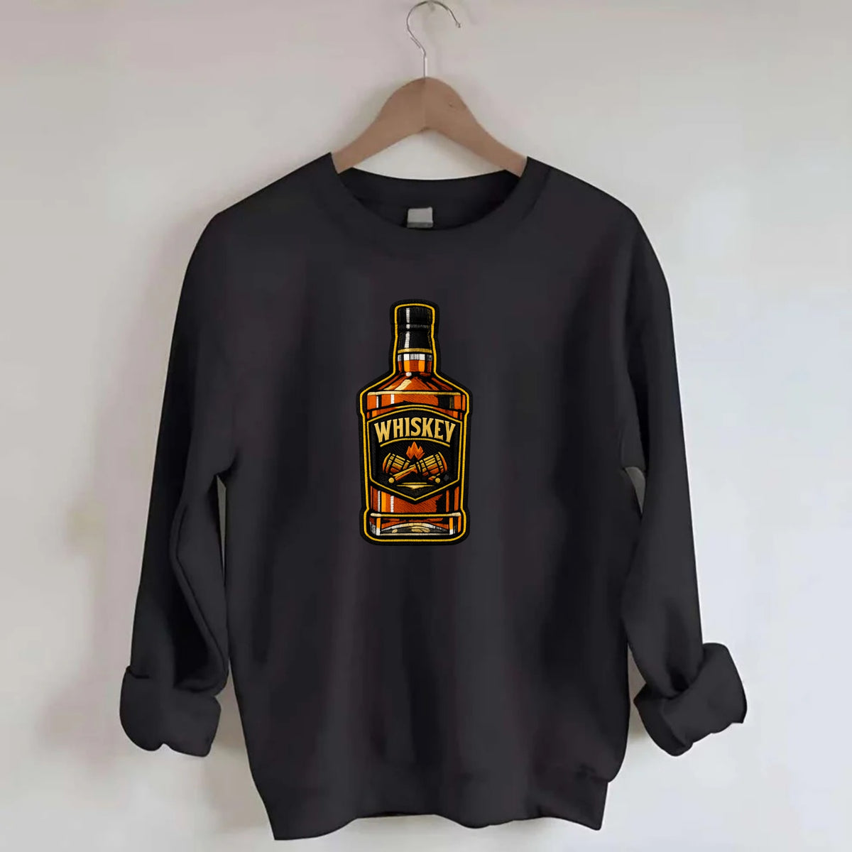WHISKEY BOTTLE - bourbon bottle in amber and gold , spirits connoisseur - Crewneck Sweatshirt - black