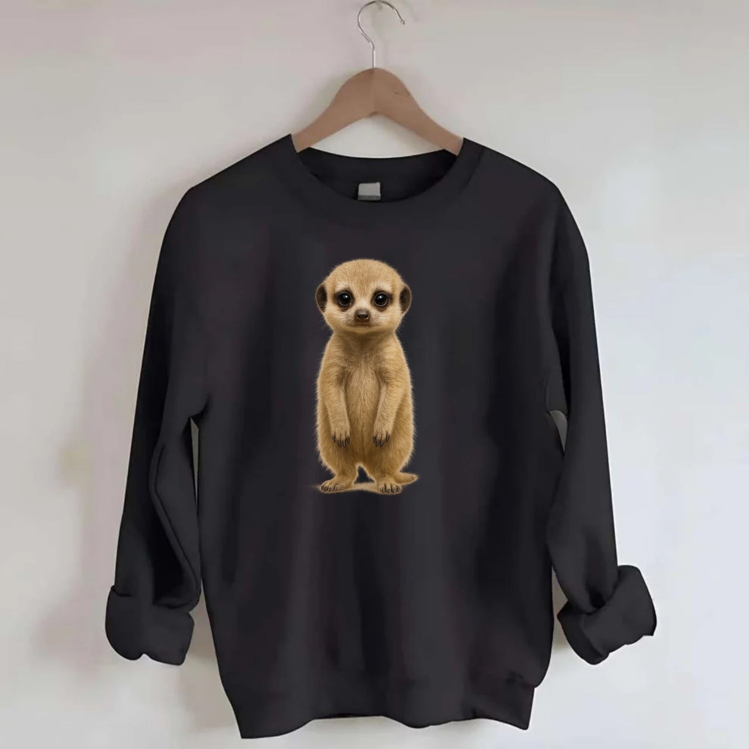 Baby Meerkat - tan fur, dark eye patches, alert stance, bright eyes, - Crewneck Sweatshirt - black