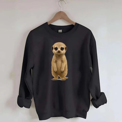Baby Meerkat - tan fur, dark eye patches, alert stance, bright eyes, - Crewneck Sweatshirt