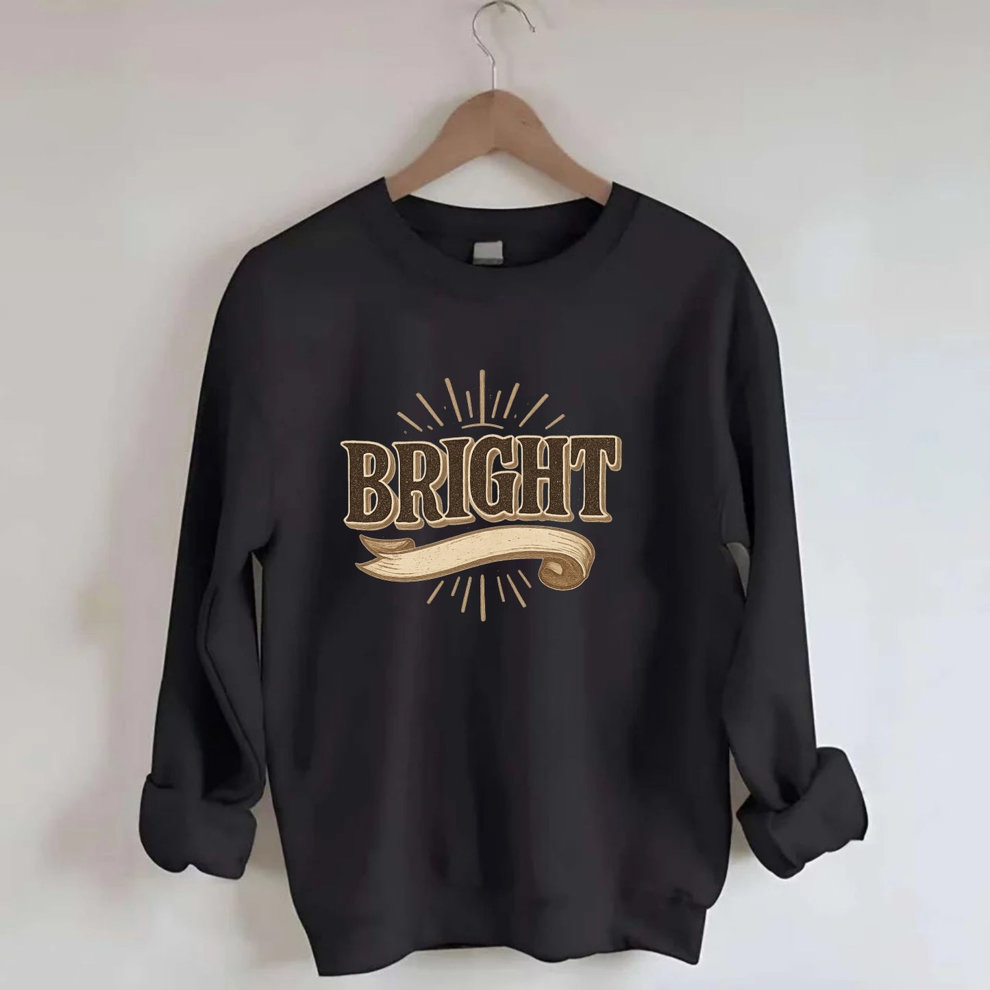 Bold typography design - "BRIGHT" - intelligent, shining - Crewneck Sweatshirt - black