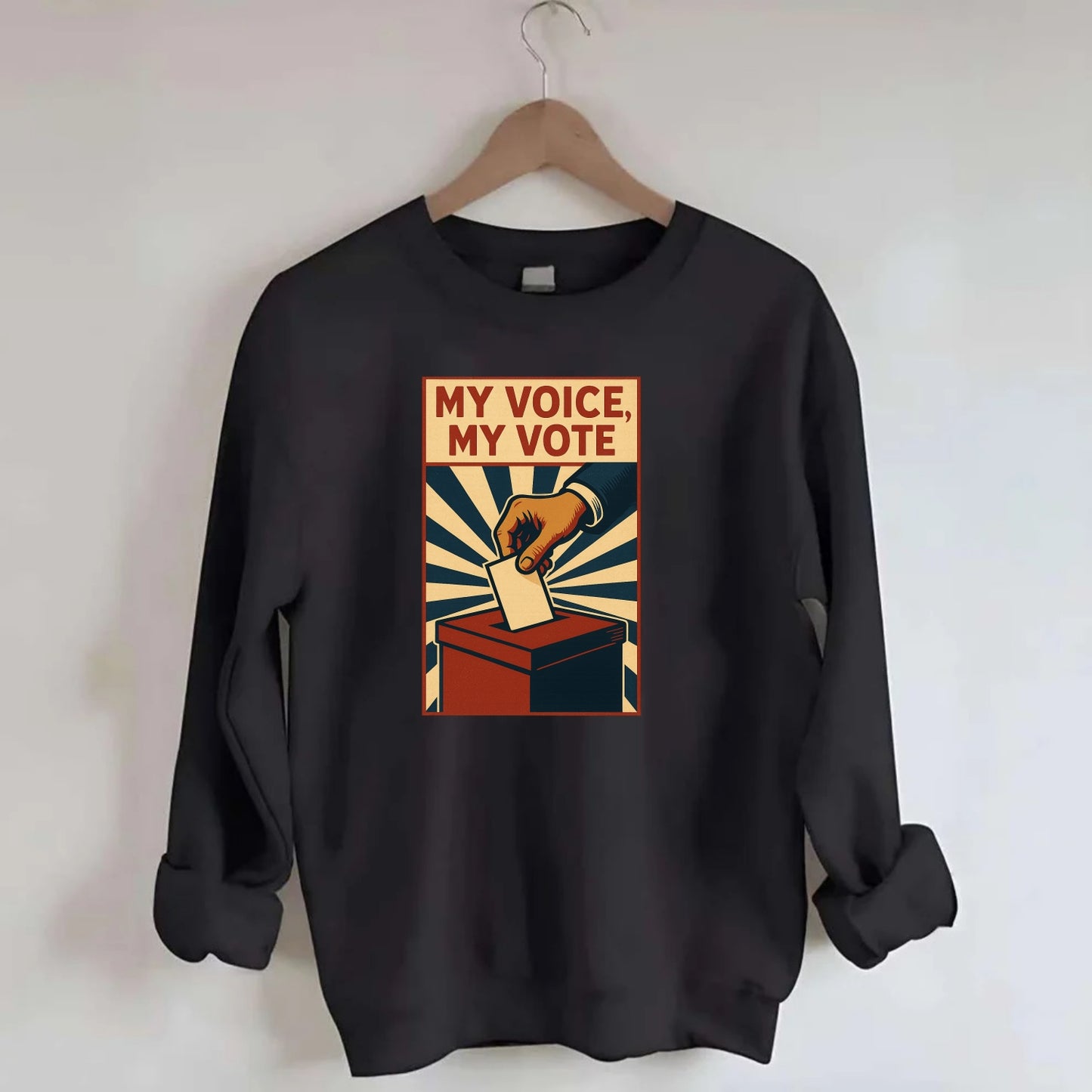 Hand dropping ballot into box with determination - "My Voice, My Vote" - - Crewneck Sweatshirt - black