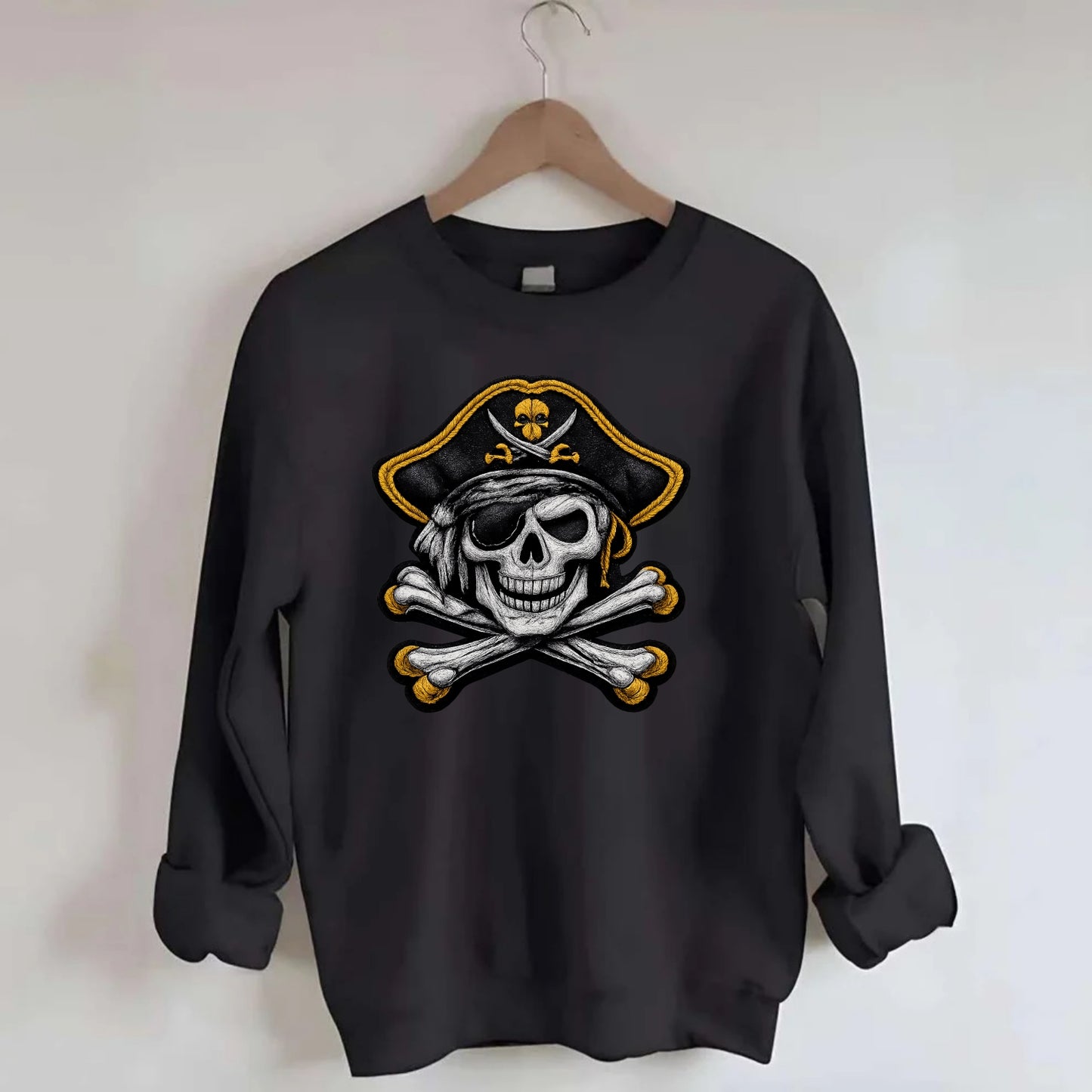PIRATE SKULL - Jolly Roger skull in black and white , pirate - Crewneck Sweatshirt - black