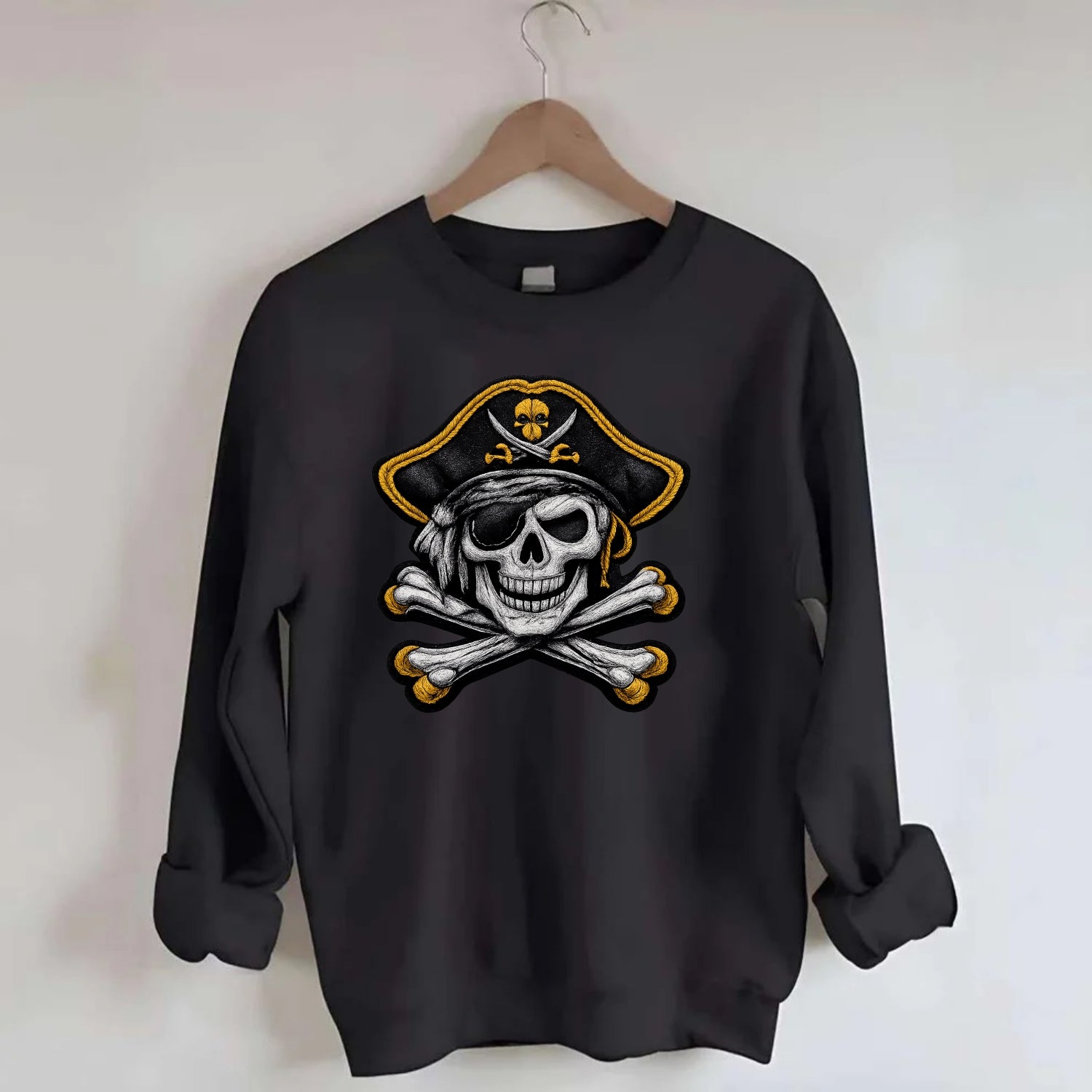 PIRATE SKULL - Jolly Roger skull in black and white , pirate - Crewneck Sweatshirt - black