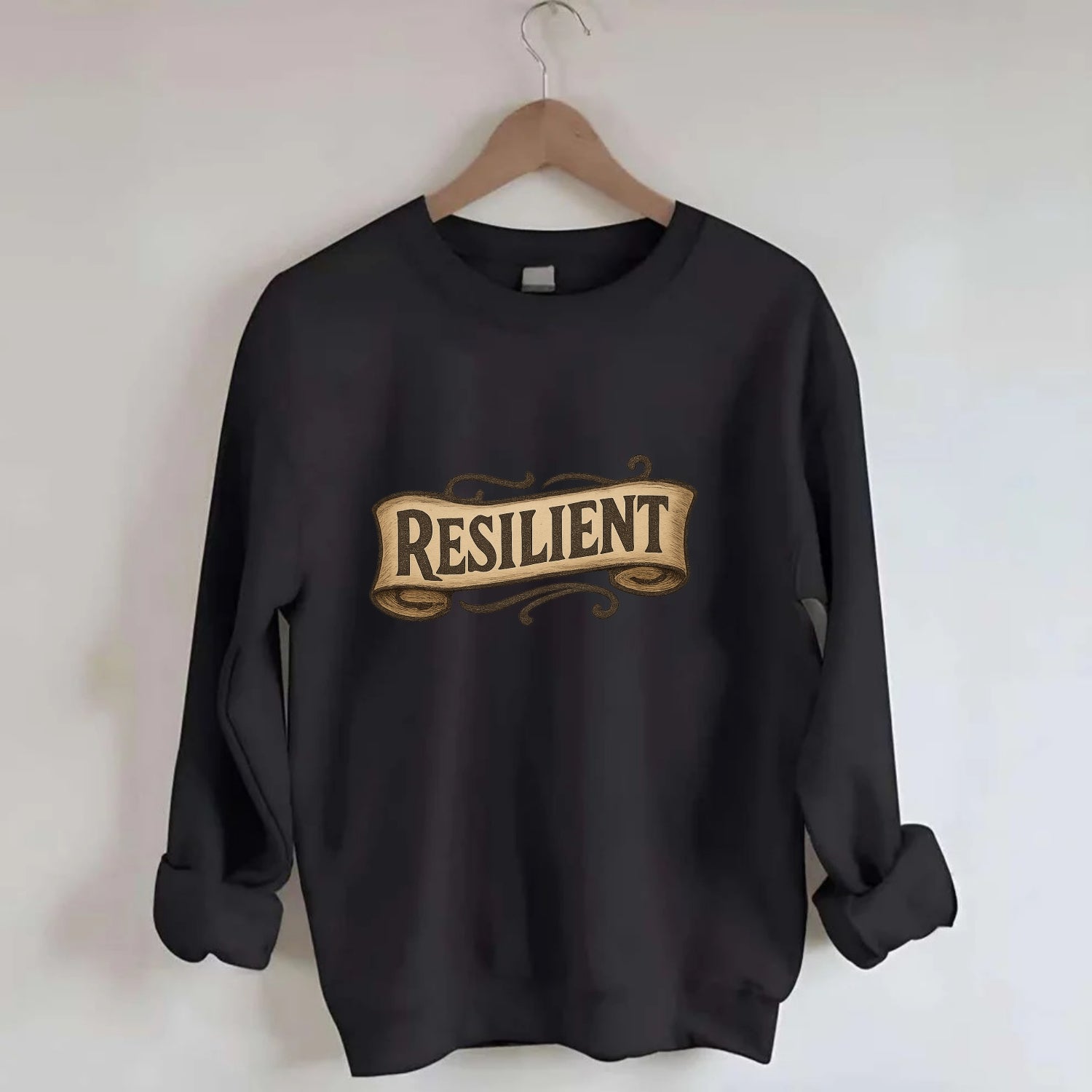 Bold typography design - "RESILIENT" - bouncing back, unbreakable spirit - Crewneck Sweatshirt - black