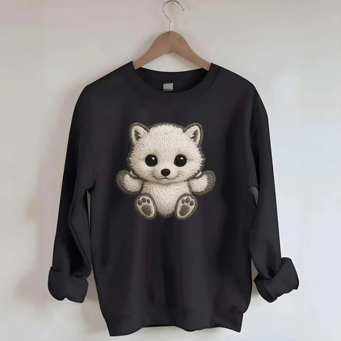Baby Arctic Fox - white fluffy, tiny black nose, bright curious eyes, - Crewneck Sweatshirt - black