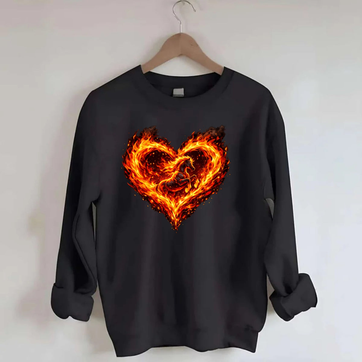 HEART OF FIRE | Flaming heart with horse silhouette inside | Passion embodied - Crewneck Sweatshirt - black