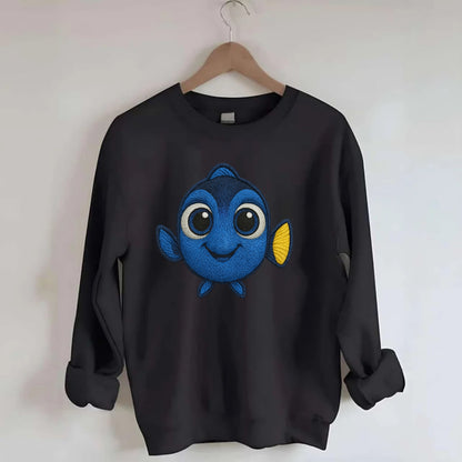 Baby Blue Tang - bright blue with yellow tail, big eyes, front-facing, - Crewneck Sweatshirt - black