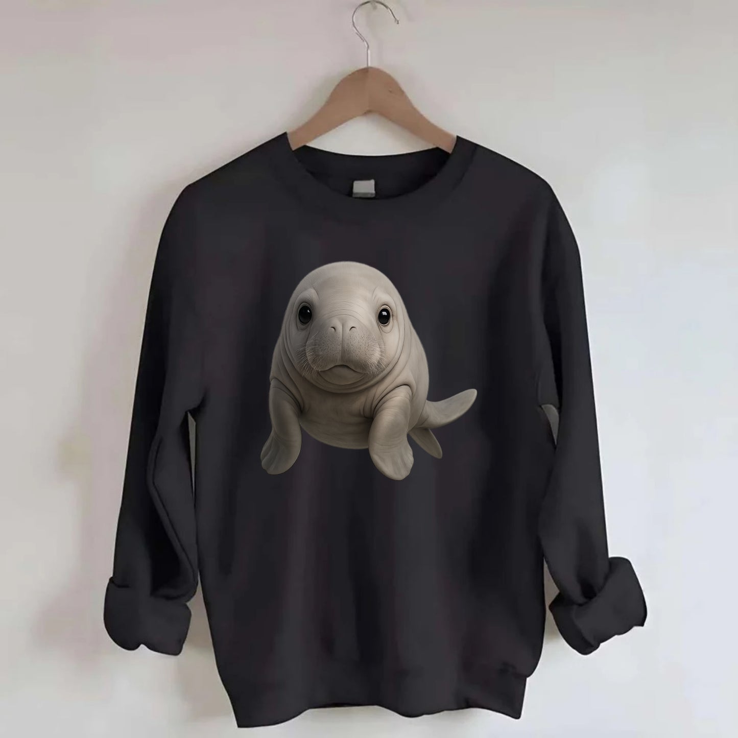 Baby Dugong - gray with paddle tail, gentle expression, whiskers, - Crewneck Sweatshirt - black