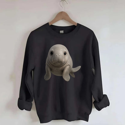 Baby Dugong - gray with paddle tail, gentle expression, whiskers, - Crewneck Sweatshirt - black