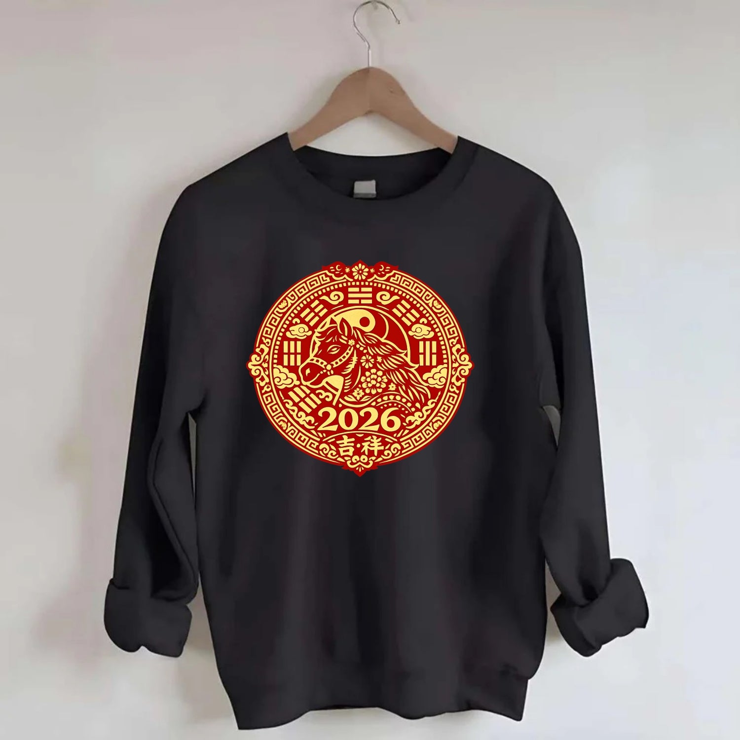 LUCKY HORSE MEDALLION | Circular medallion with horse profile | Intricate - Crewneck Sweatshirt - black