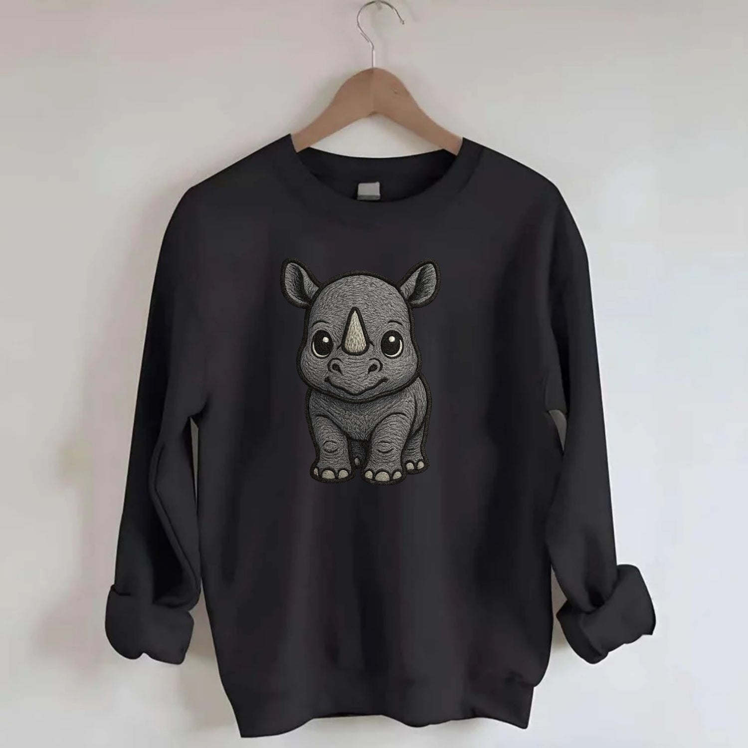 Baby Rhino - gray armor skin, tiny horn nub, round eyes, front-facing, tank - Crewneck Sweatshirt - black