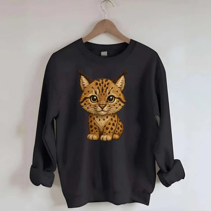 Baby Lynx Cub - tufted ears, spotted fur, golden eyes, front-facing, wild baby - Crewneck Sweatshirt - black