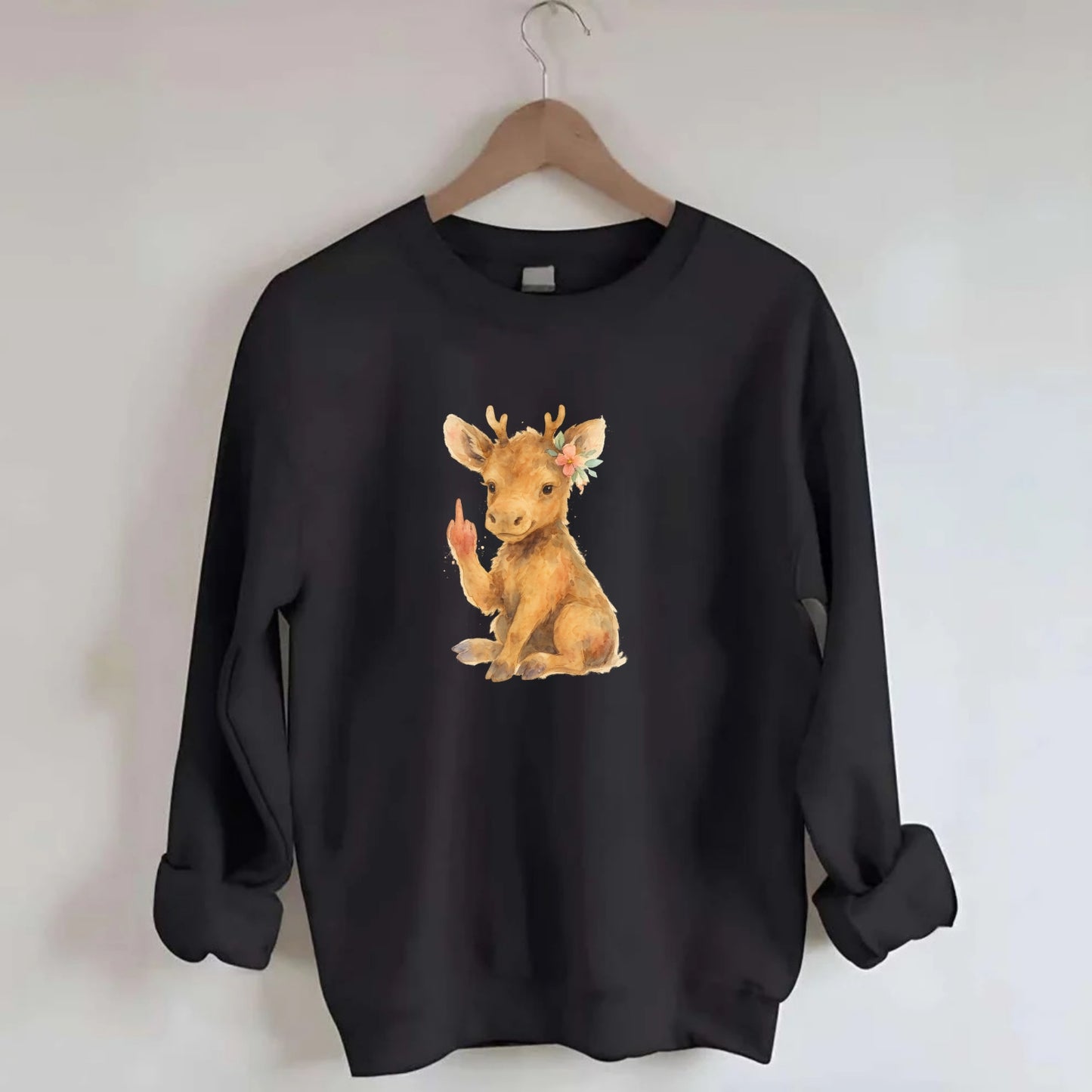 baby moose with adorable tiny antlers, one hoof raised in attitude - Crewneck Sweatshirt - black