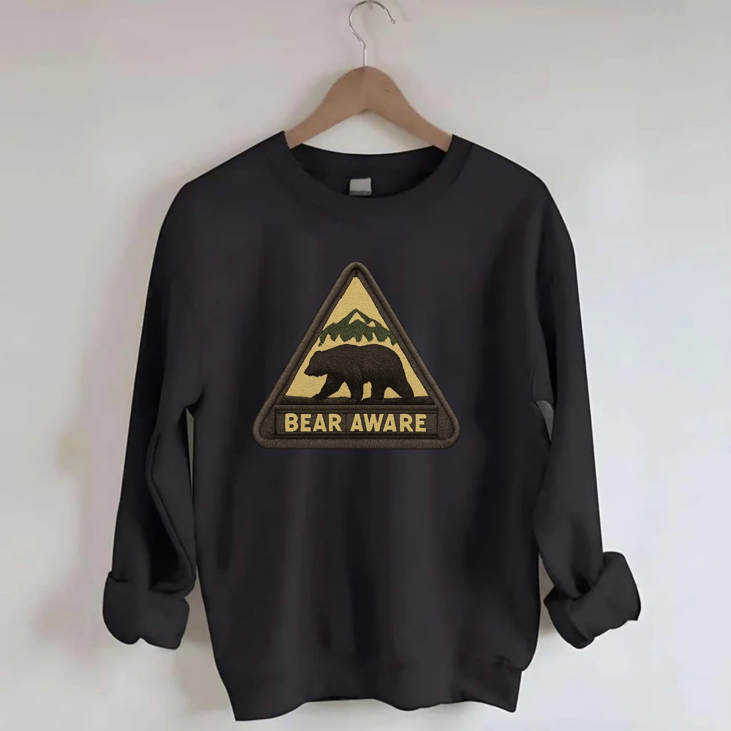 BEAR AWARE - bear silhouette warning in brown and yellow , wilderness safety - Crewneck Sweatshirt - black