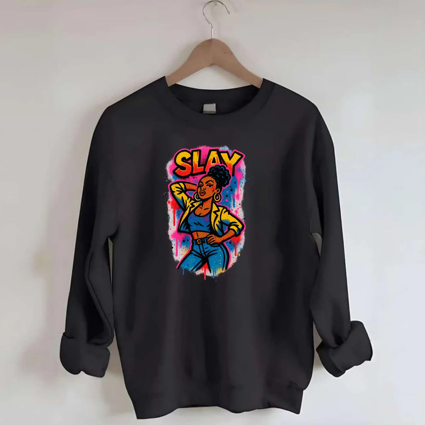 Empowered figure striking confident pose - "slay" culture, fierce and - Crewneck Sweatshirt - black