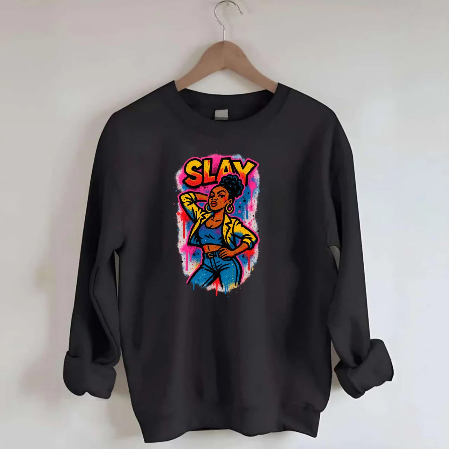Empowered figure striking confident pose - "slay" culture, fierce and - Crewneck Sweatshirt - black