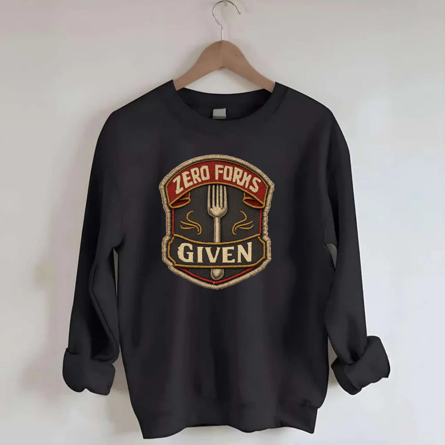ZERO FORKS GIVEN - fork with text in silver , no cares attitude - Crewneck Sweatshirt - black