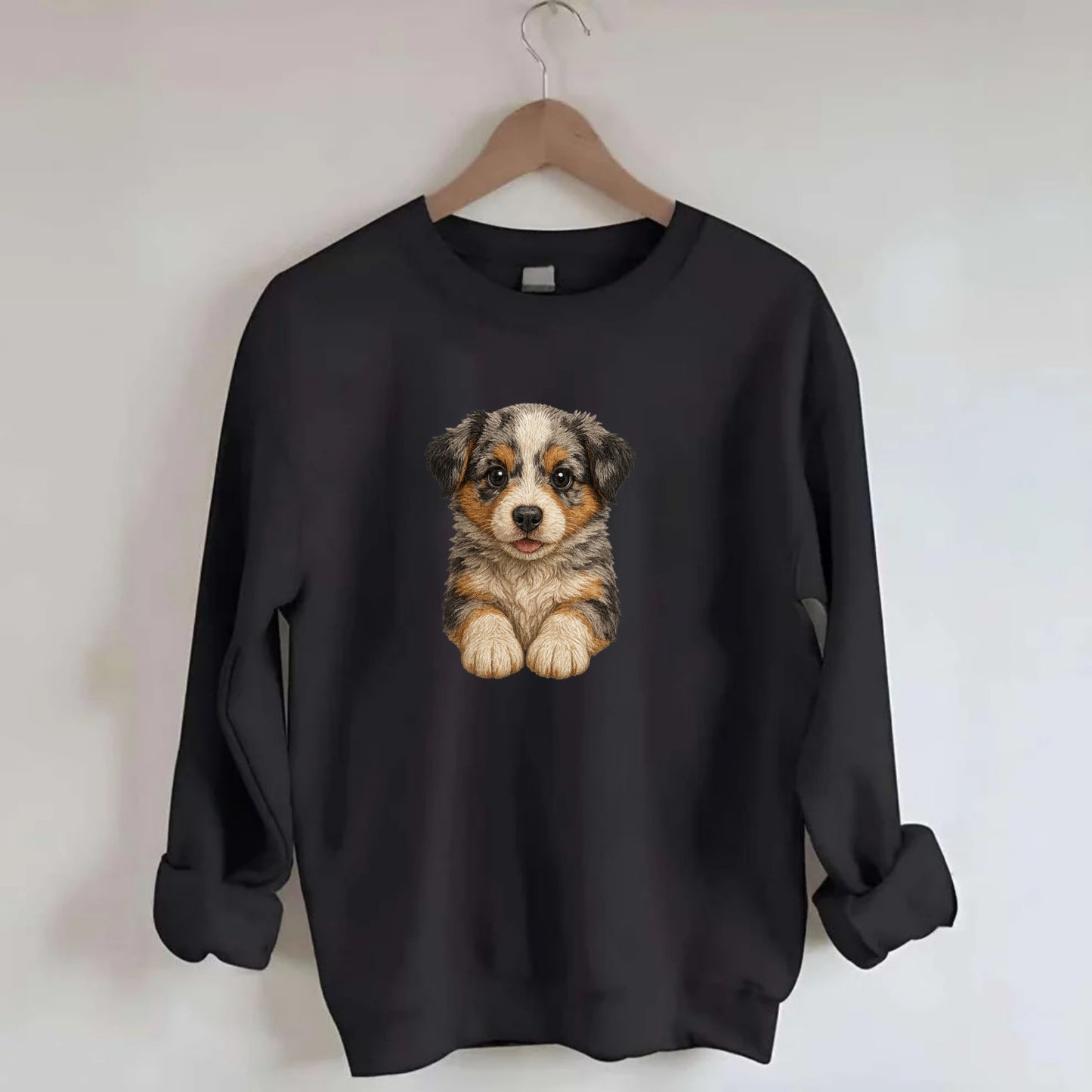 Baby Australian Shepherd Puppy - merle coat, bright eyes, fluffy, - Crewneck Sweatshirt - black