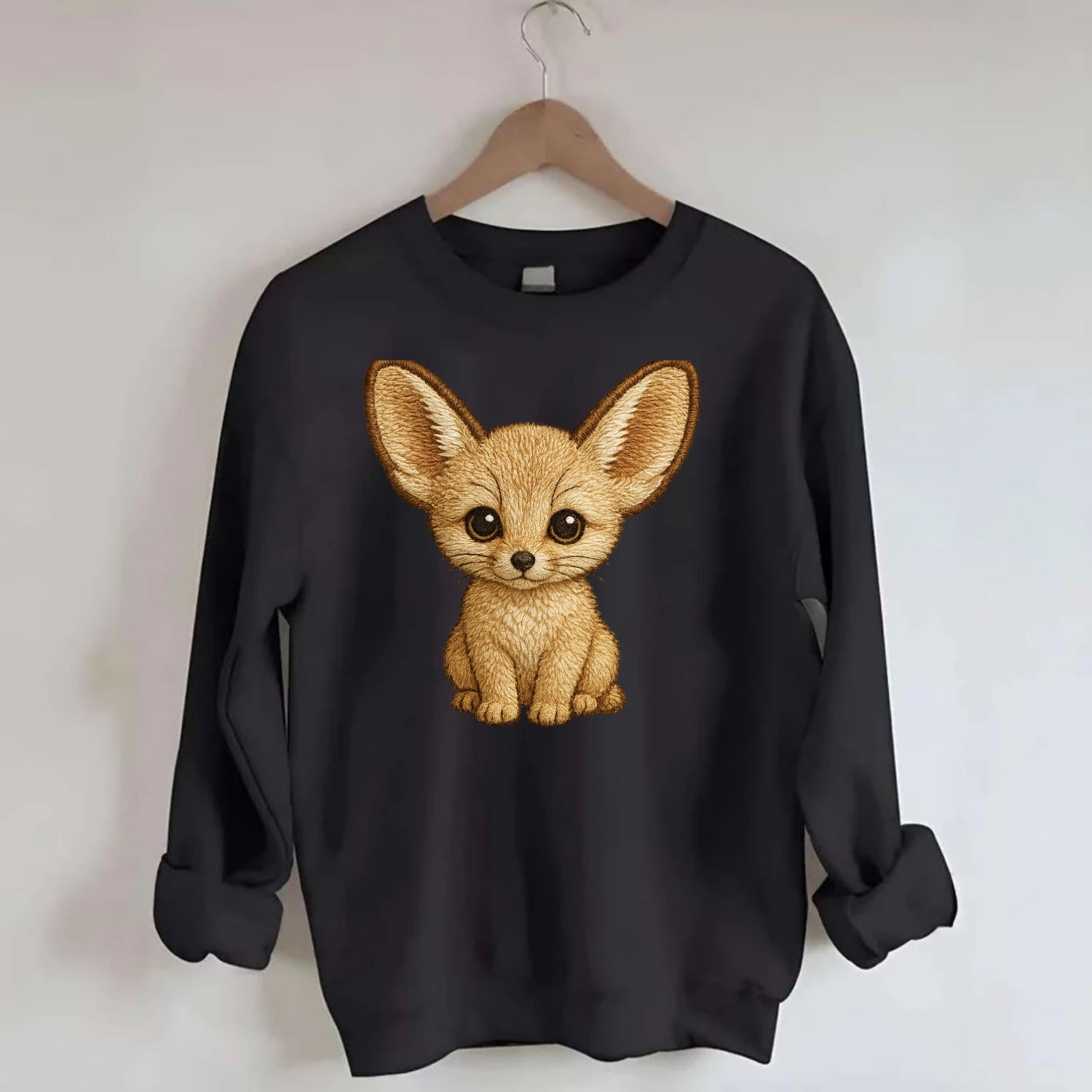Baby Fennec Fox - huge ears, cream fur, large dark eyes, front-facing, desert - Crewneck Sweatshirt - black