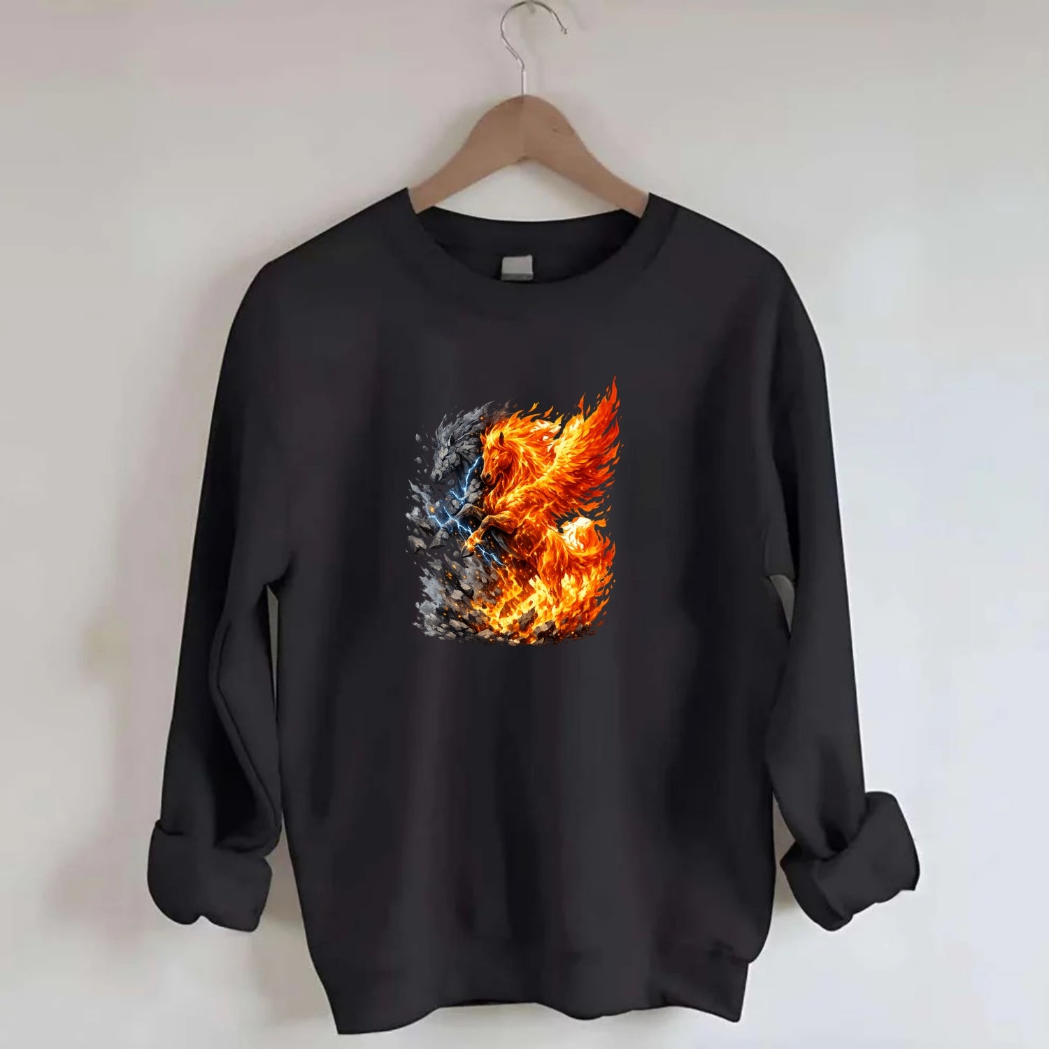 THUNDER FIRE | Horse combining lightning and flame | Electric fire | Storm - Crewneck Sweatshirt - black