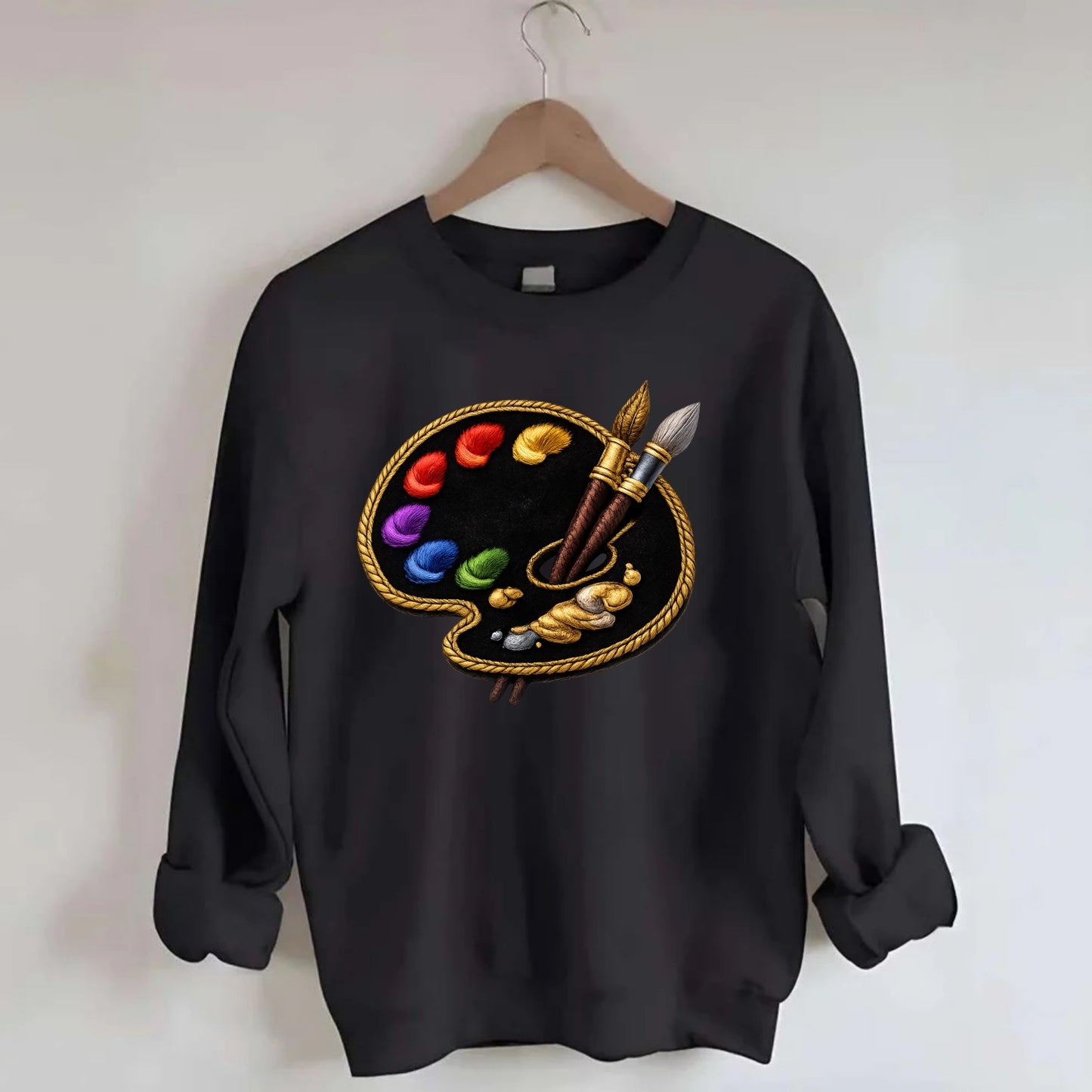 PAINT PALETTE - artist palette with brushes in rainbow and brown , creative - Crewneck Sweatshirt - black