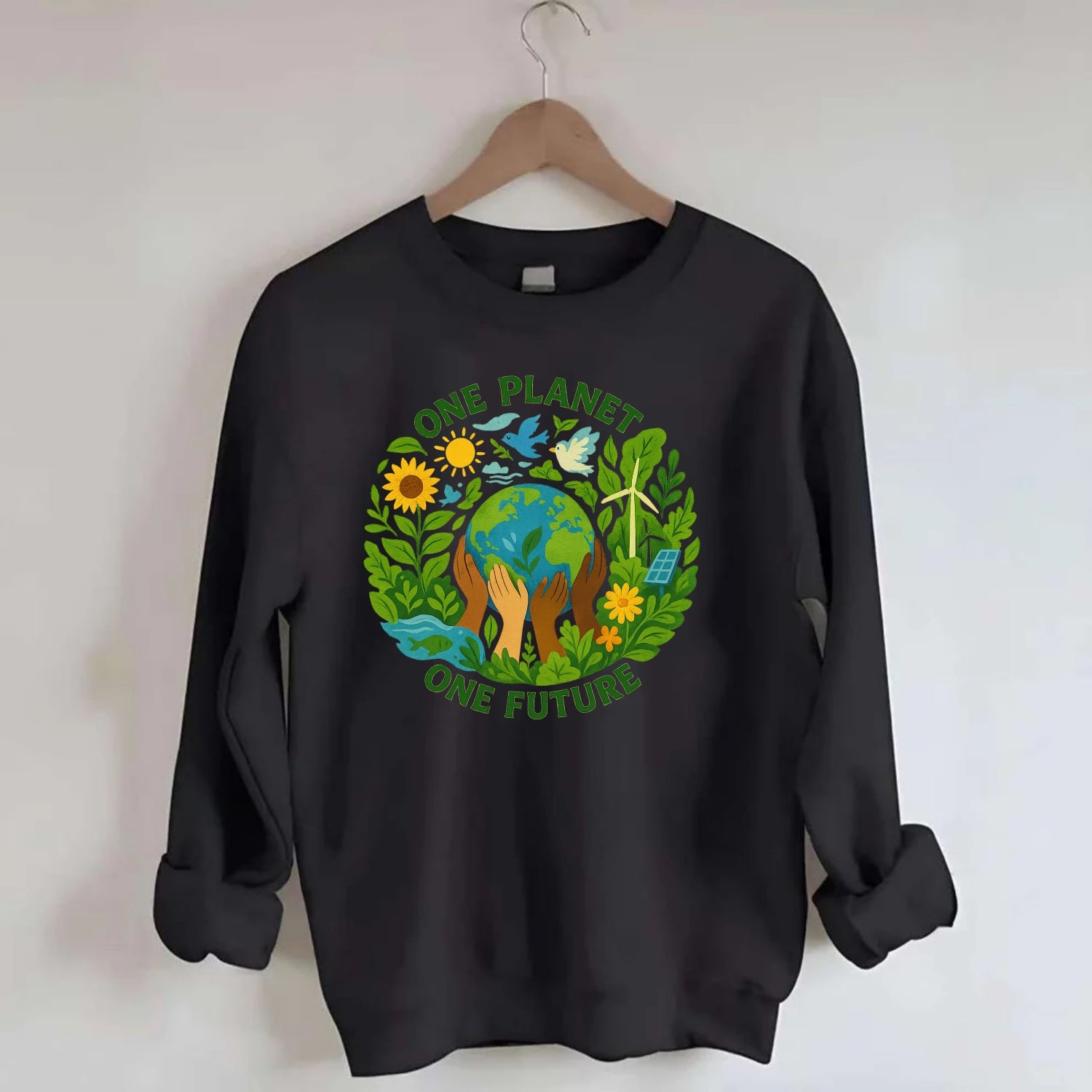 Globe surrounded by hands of all colors working together - "One Planet, One - Crewneck Sweatshirt - black