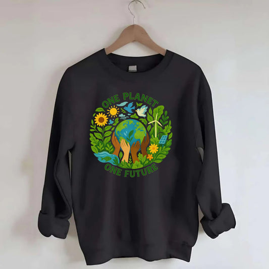 Globe surrounded by hands of all colors working together - "One Planet, One - Crewneck Sweatshirt - black