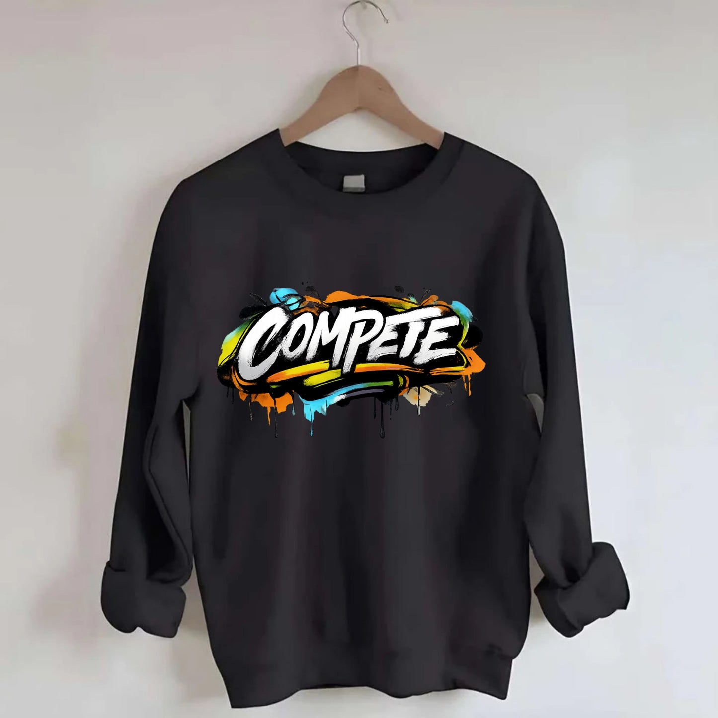 Bold typography design - "COMPETE" - competitive spirit, love the game - Crewneck Sweatshirt - black