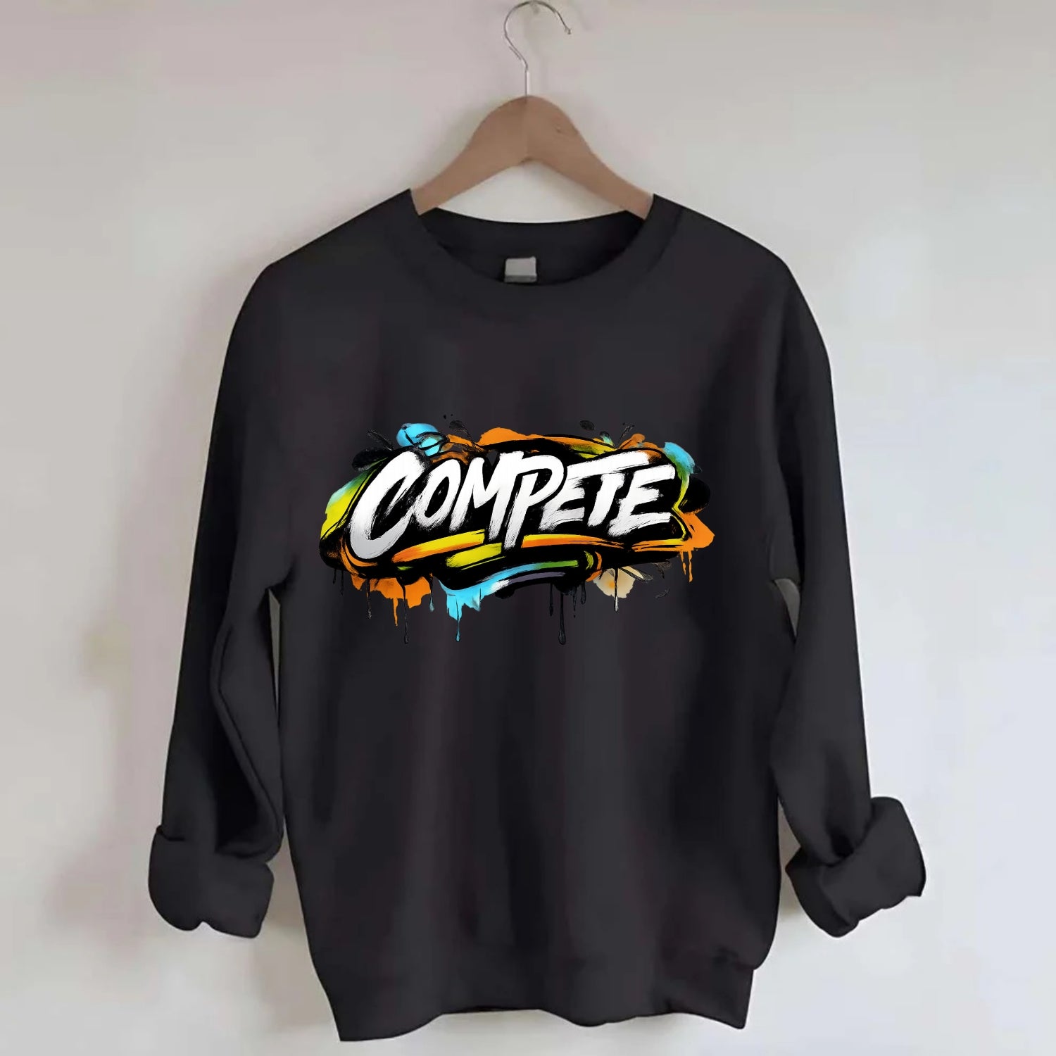 Bold typography design - "COMPETE" - competitive spirit, love the game - Crewneck Sweatshirt - black