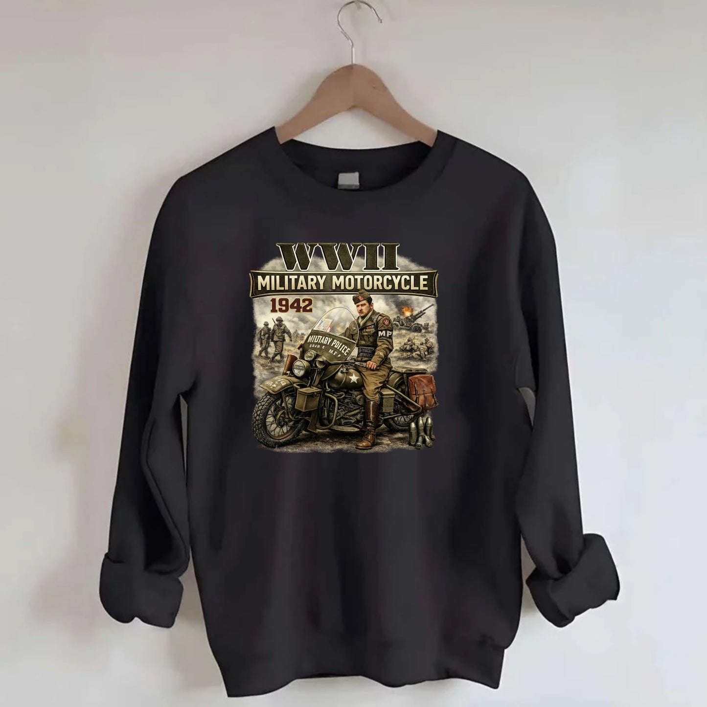 Wwii Military Motorcycle 1942 - Crewneck Sweatshirt - black
