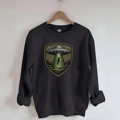 UFO ALIEN - flying saucer with beam in silver and green , extraterrestrial - Crewneck Sweatshirt - black