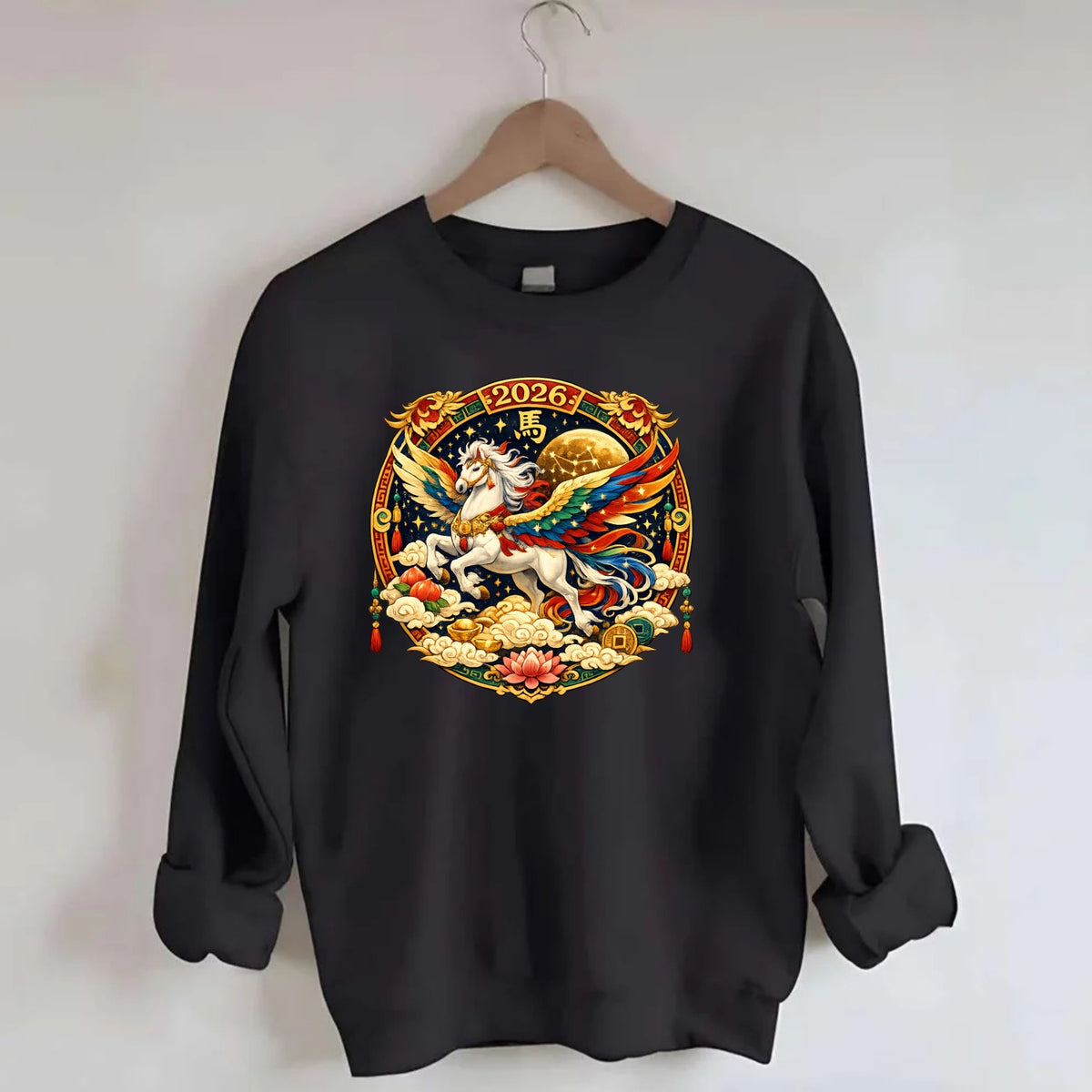 CELESTIAL HORSE | Heavenly horse among clouds and stars | Wings of flowing - Crewneck Sweatshirt - black