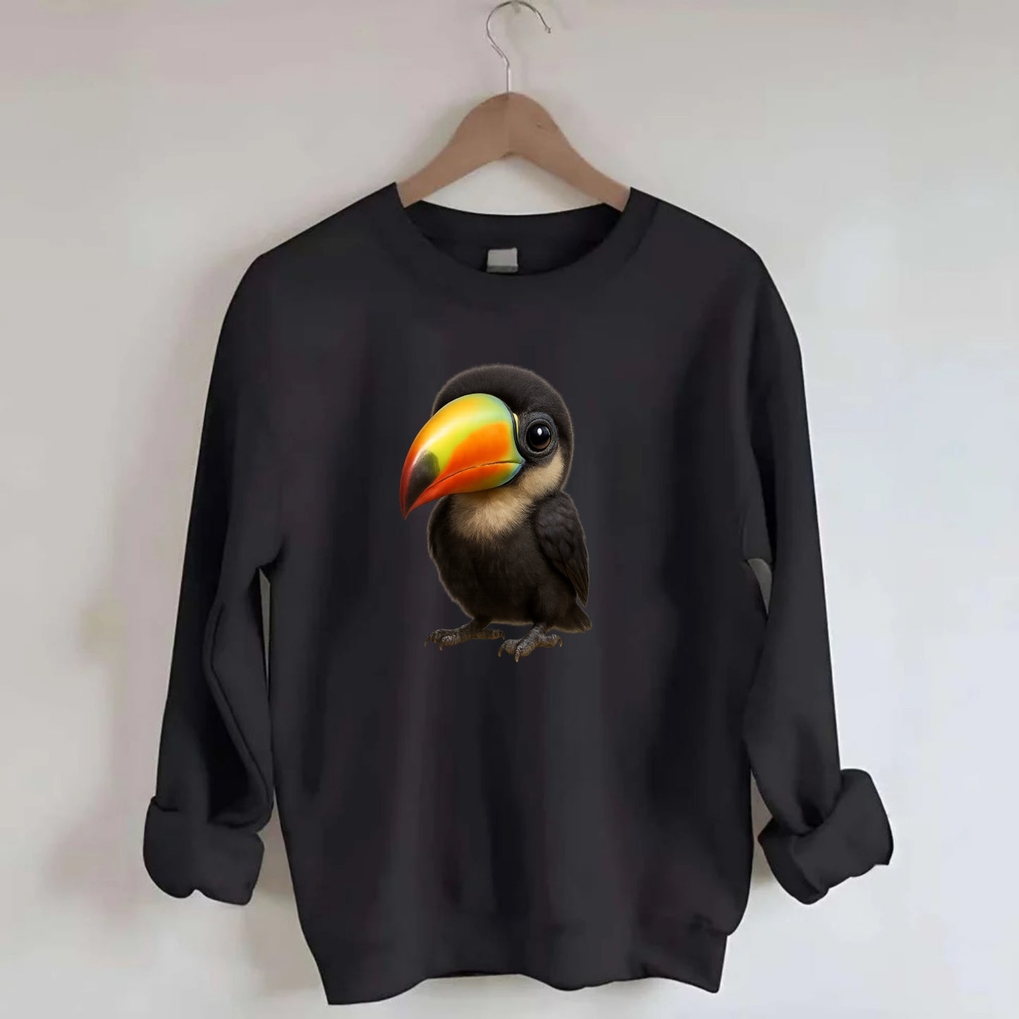 Baby Toucan - oversized colorful beak, black feathers, bright eyes, - Crewneck Sweatshirt - black