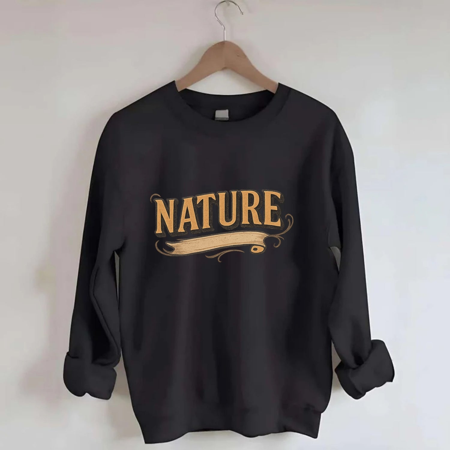 Bold typography design - "NATURE" - natural world, organic - Crewneck Sweatshirt - black