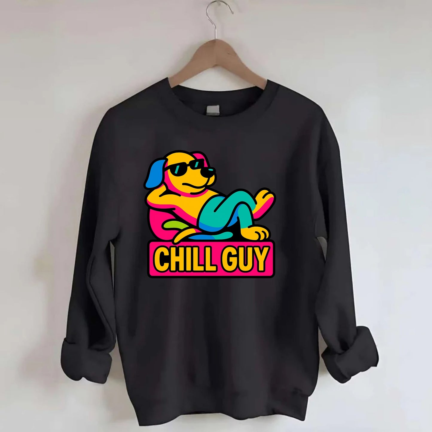 Super relaxed dog character lounging unbothered - "Chill Guy" meme energy, - Crewneck Sweatshirt - black