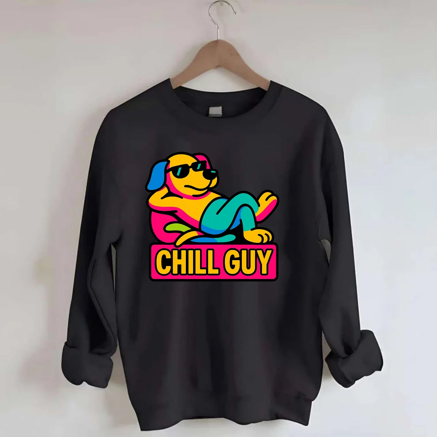Super relaxed dog character lounging unbothered - "Chill Guy" meme energy, - Crewneck Sweatshirt - black
