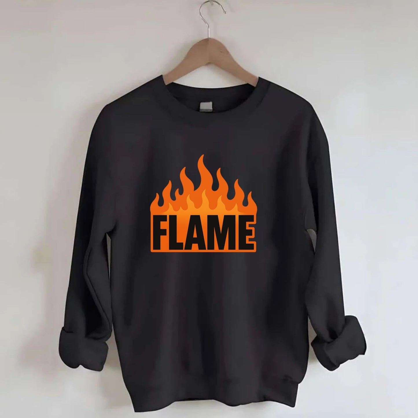Bold typography design - "FLAME" - burning bright, passionate - Crewneck Sweatshirt - black