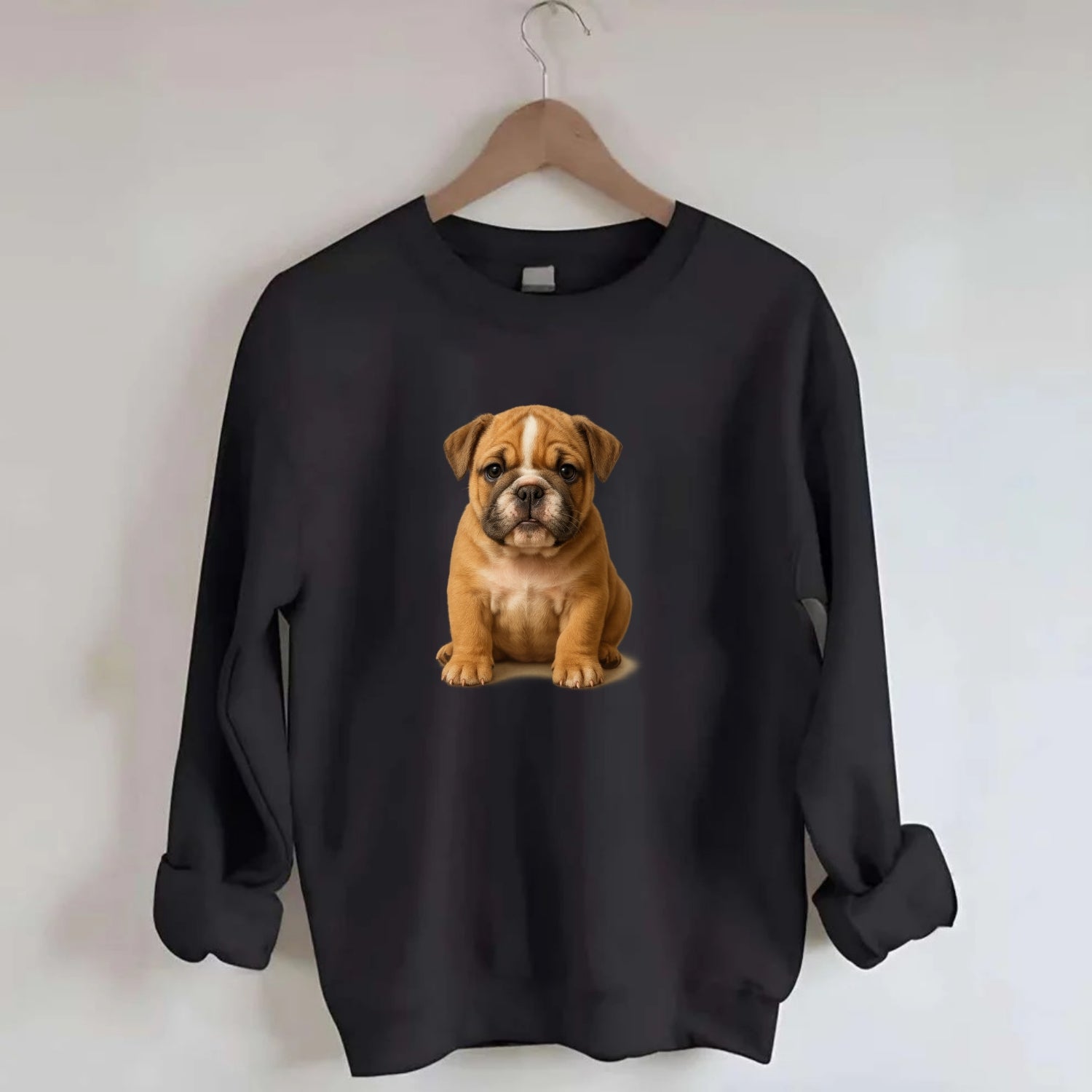 Baby Bulldog Puppy - wrinkly face, underbite, stocky body, gentle eyes, - Crewneck Sweatshirt - black