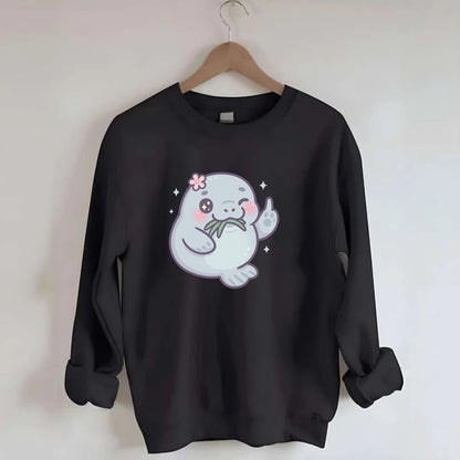 chubby manatee munching on seagrass, one flipper raised with sass - Crewneck Sweatshirt - black