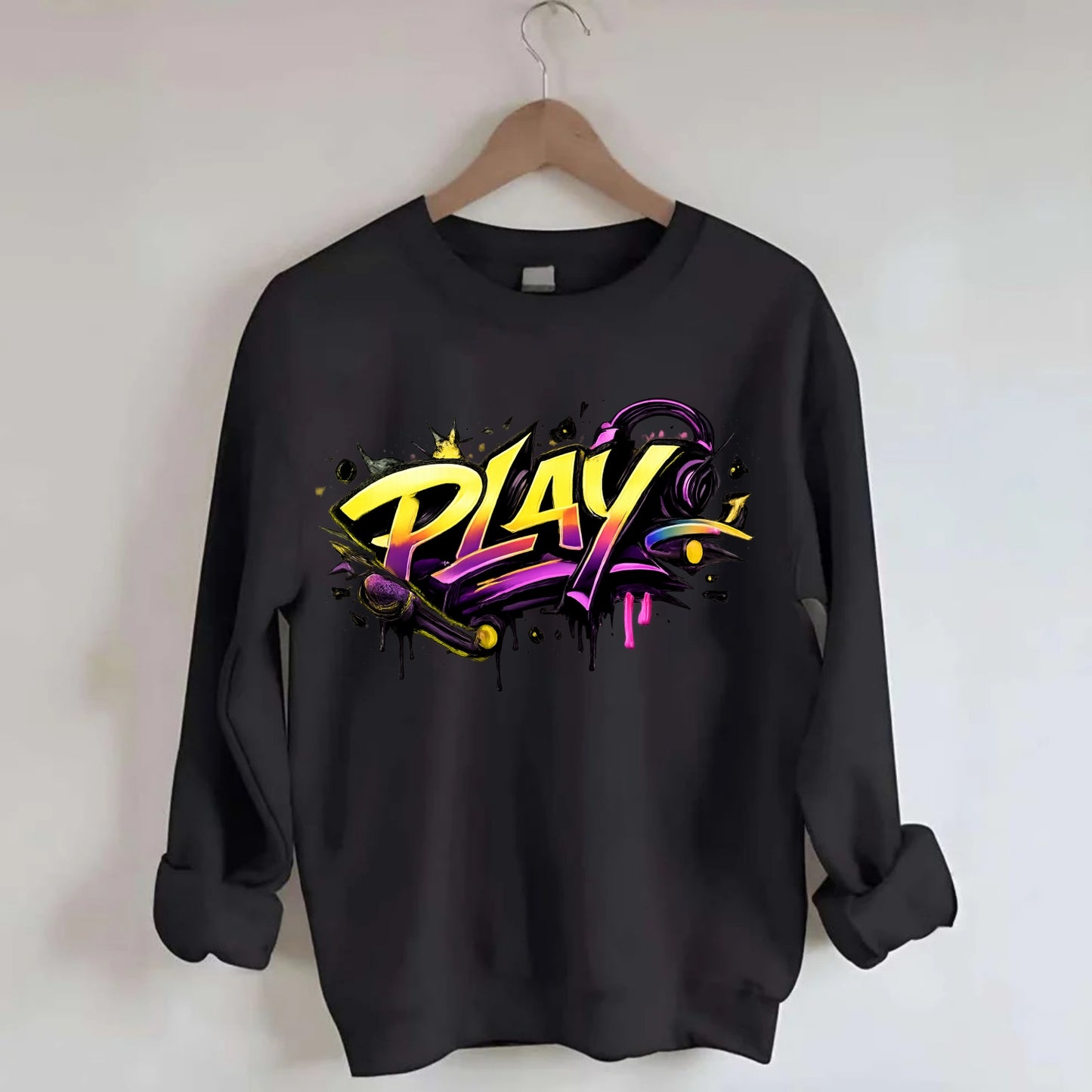 Bold typography design - "PLAY" - creative expression, musical performance - Crewneck Sweatshirt - black