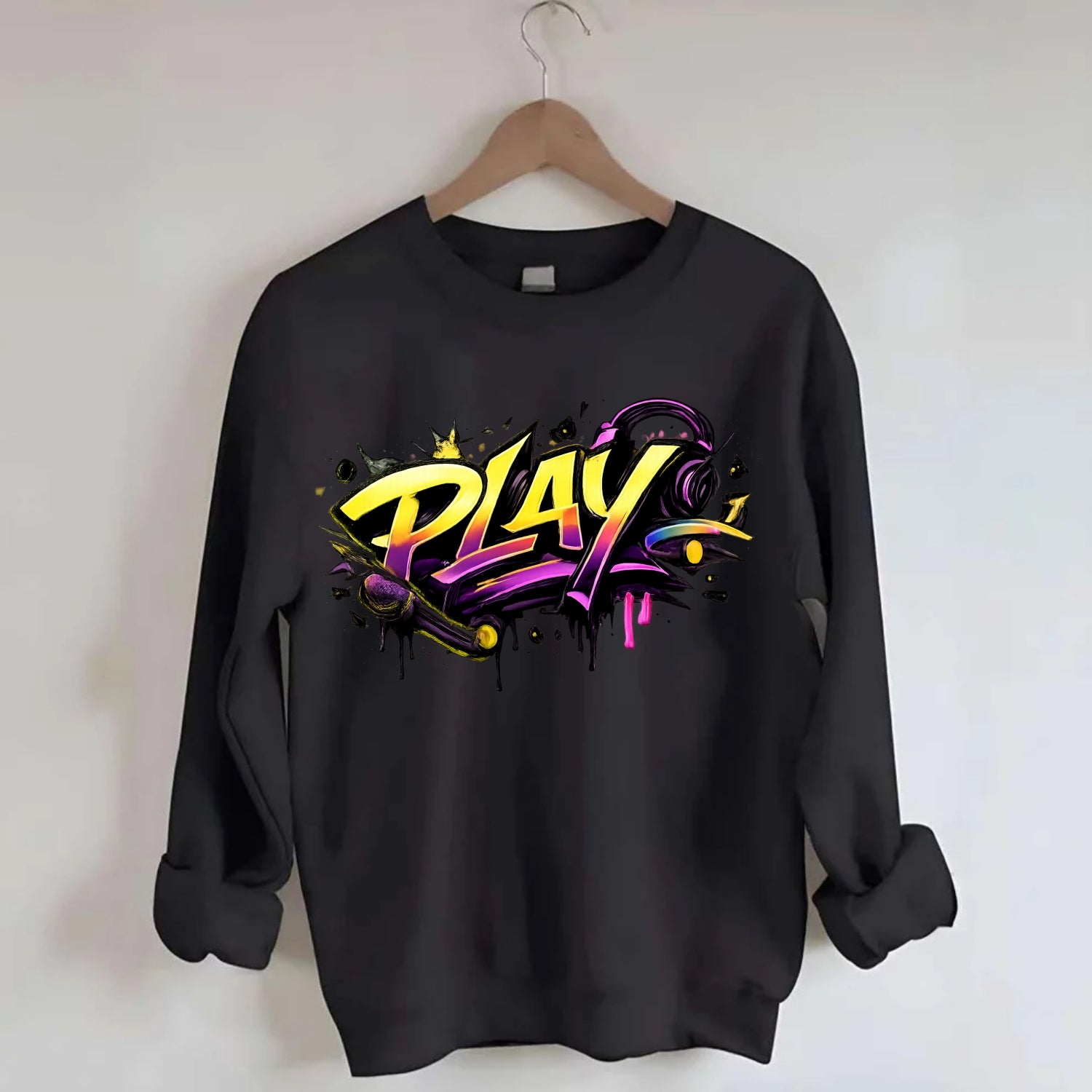 Bold typography design - "PLAY" - creative expression, musical performance - Crewneck Sweatshirt - black