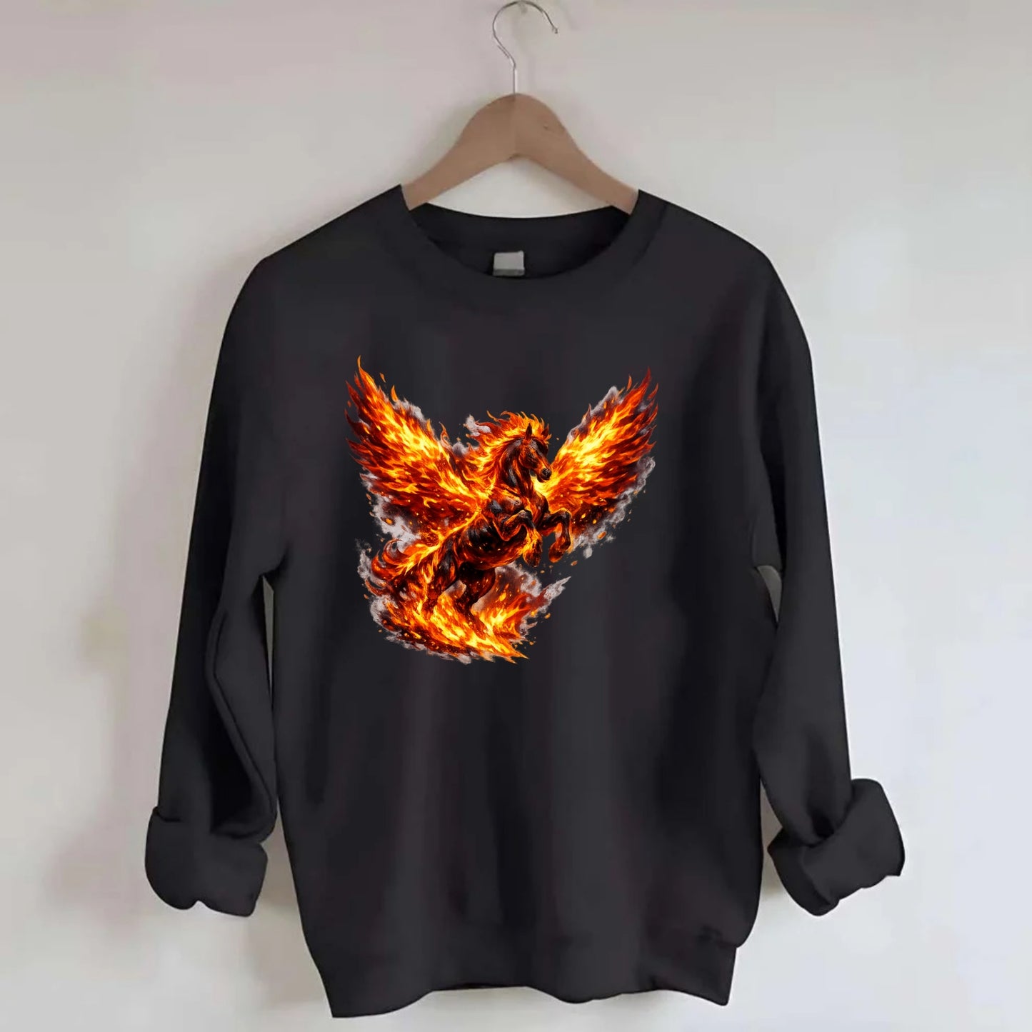 PHOENIX FIRE HORSE | Horse emerging from flames like phoenix | Rebirth - Crewneck Sweatshirt - black