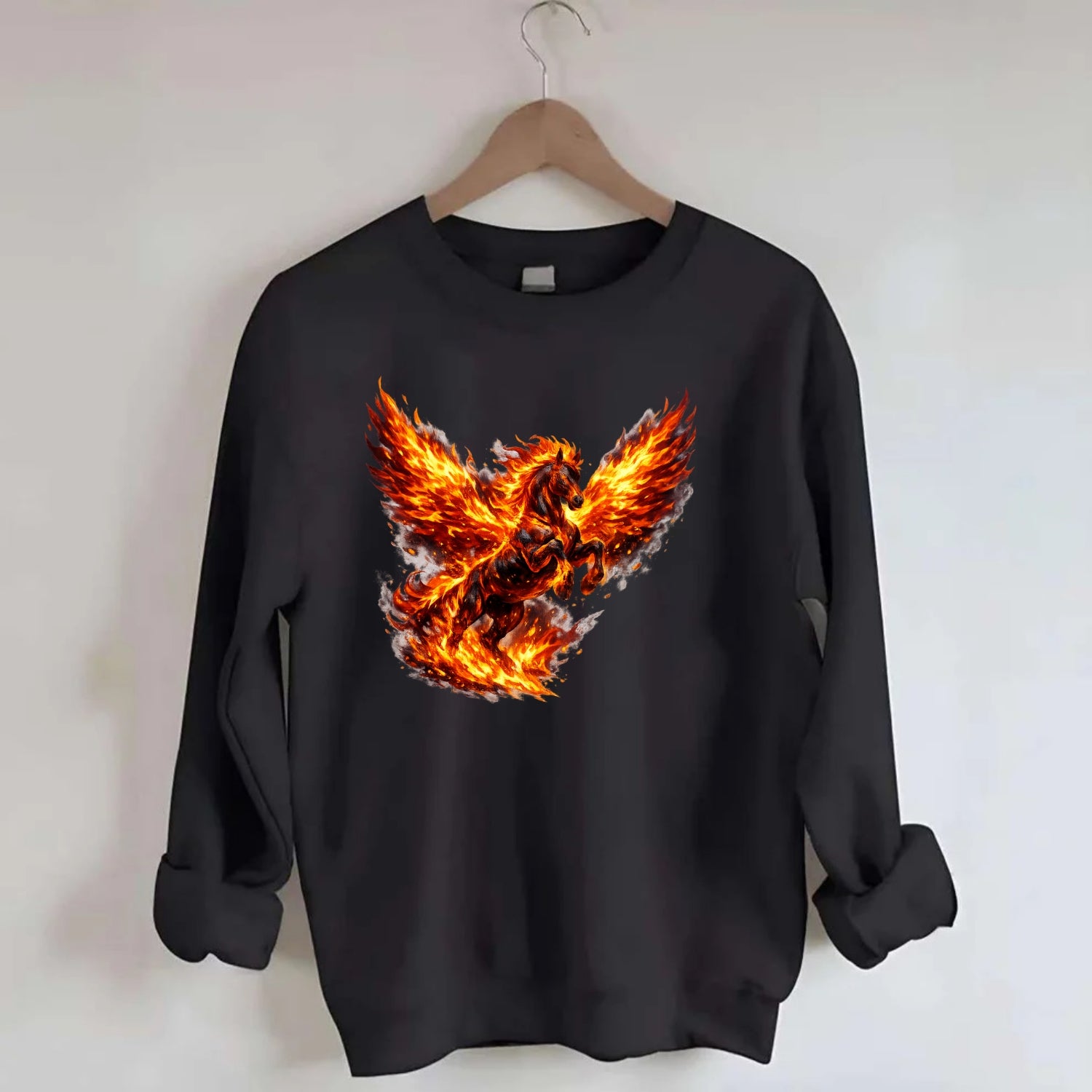 PHOENIX FIRE HORSE | Horse emerging from flames like phoenix | Rebirth - Crewneck Sweatshirt - black