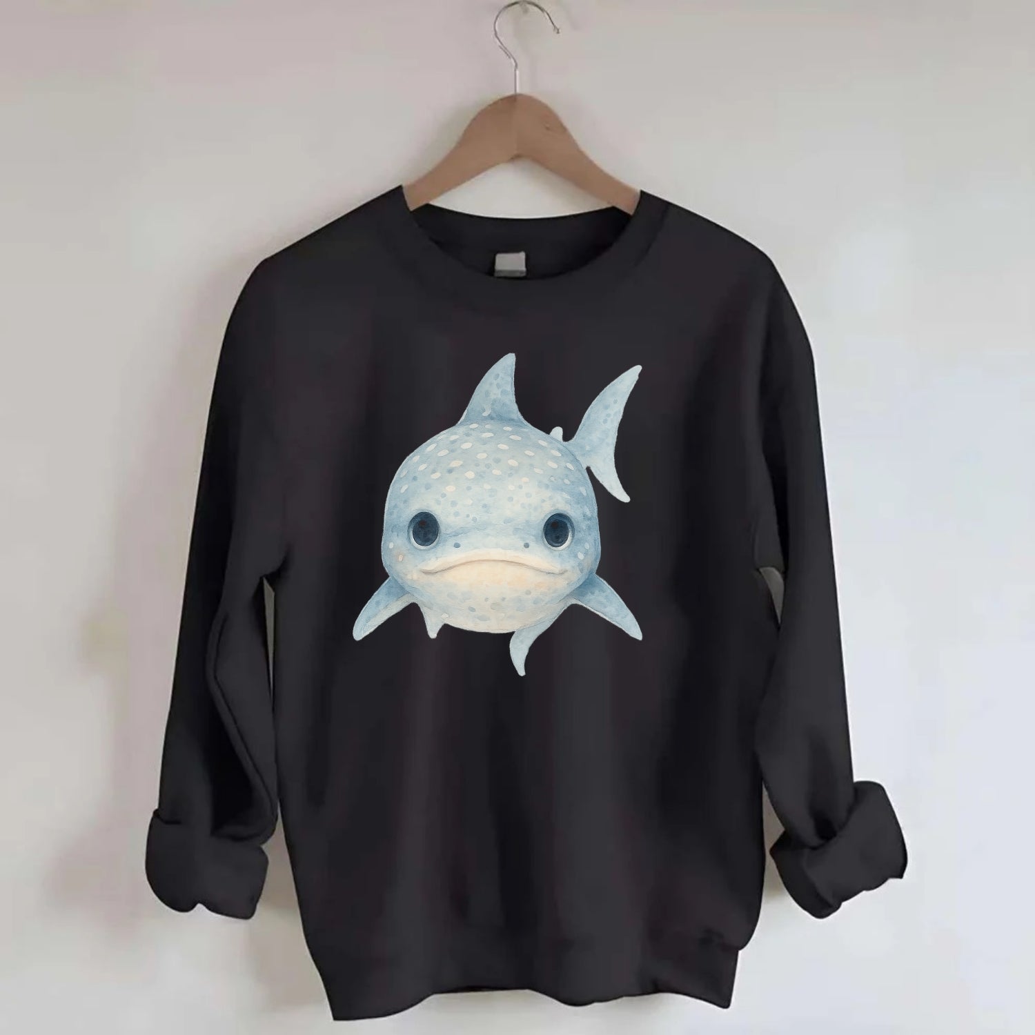 Baby Whale Shark - spotted blue-gray, wide mouth closed, tiny eyes, - Crewneck Sweatshirt - black